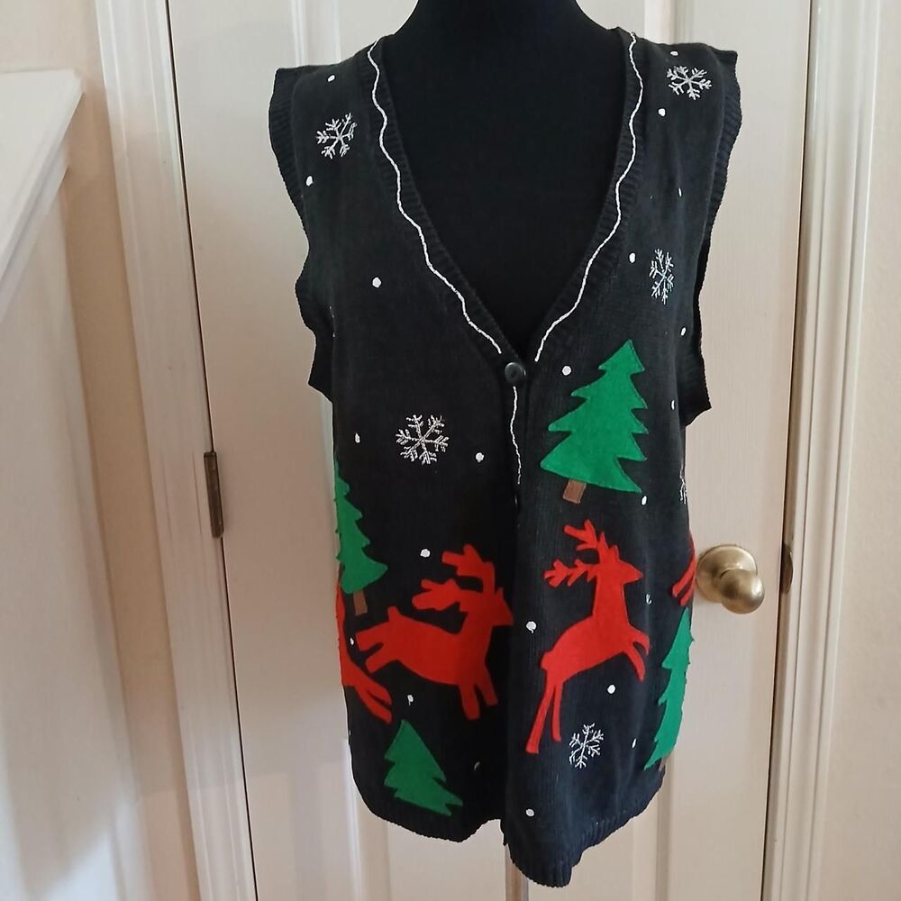 Vintage 90s Capacity Christmas Reindeer Snowflake Sweater Vest L Festive Holiday